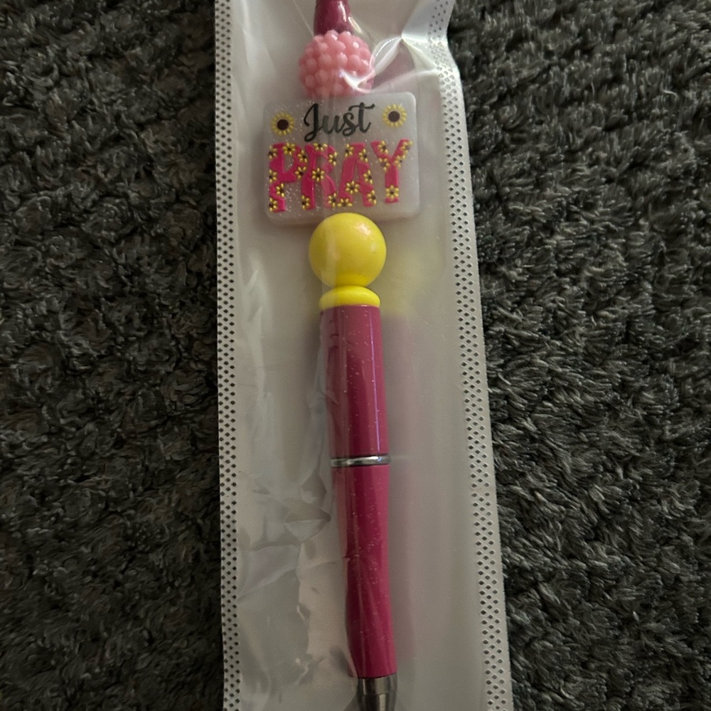 Hand Crafted Pink and Yellow 'Just Pray' Decorative Pen